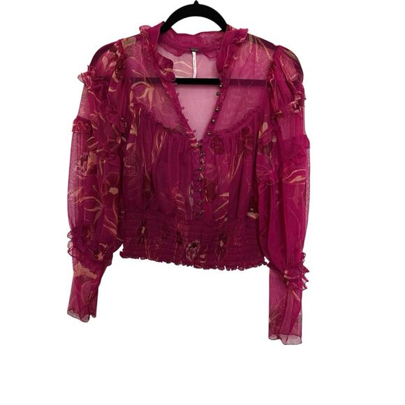 Free People Time For Shine Mesh Cropped Smocked Pink Purple Floral Blouse Top L - Picture 6 of 11